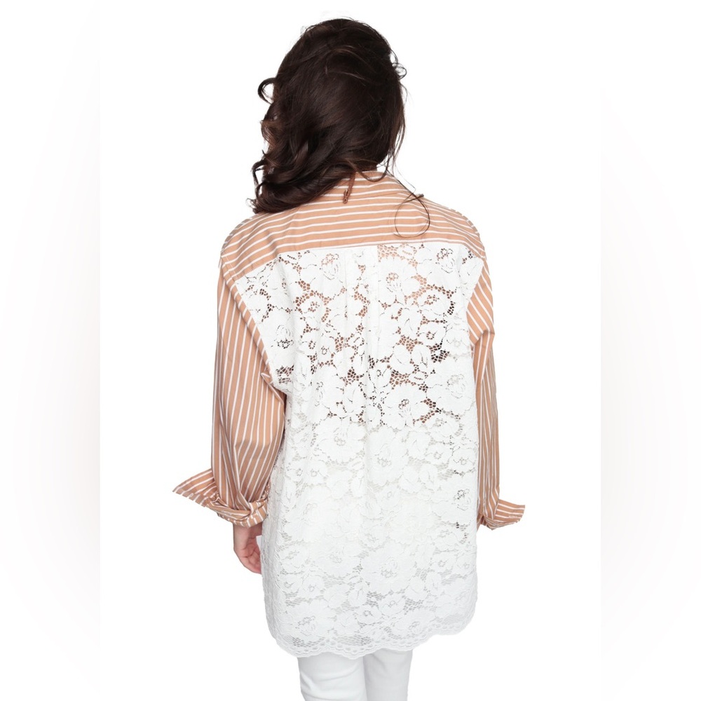 Romi Basha Timeless Boho Tan Striped Lace Shirt Blouse Women’s Size Large XL